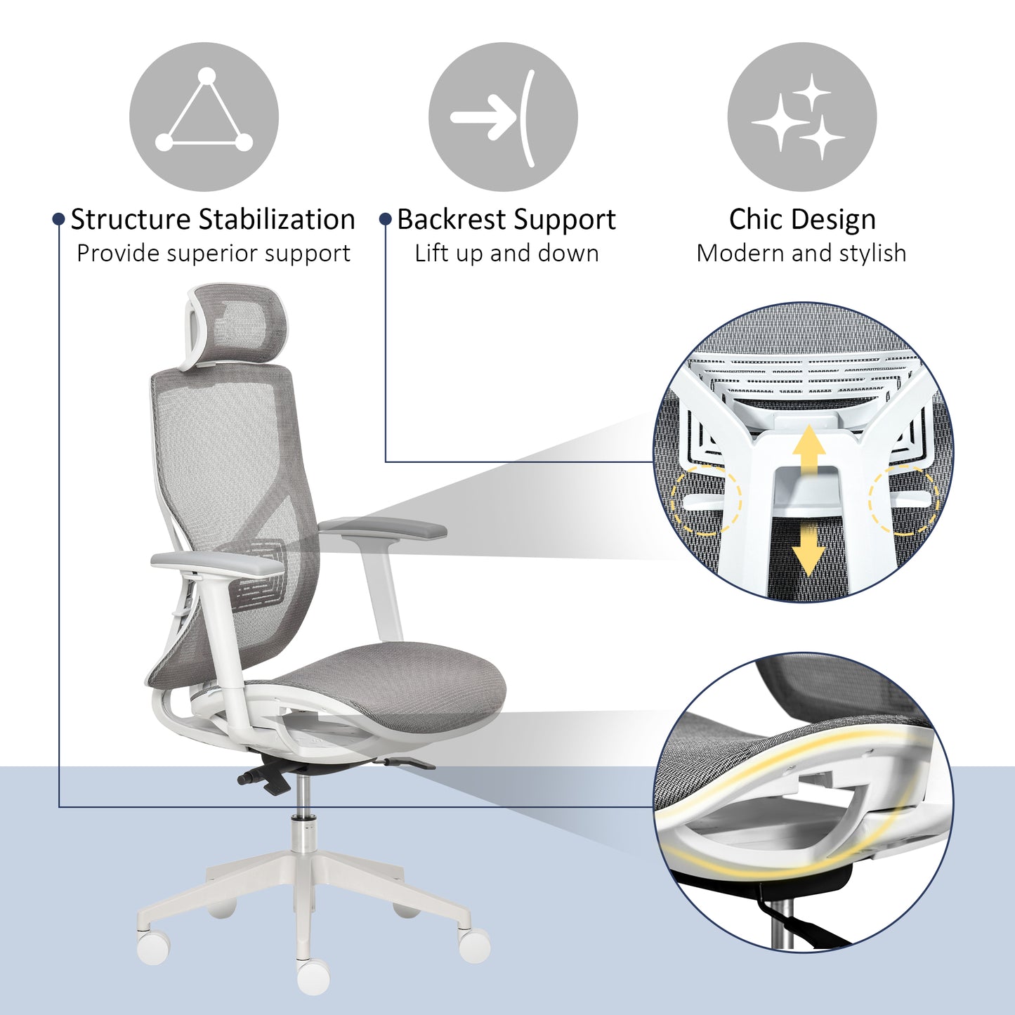 Vinsetto Grey Ergonomic Swivel Office Chair with Adjustable Height, Mesh Back, and 3D Armrests for Home Workspace - ALL4U RETAILER LTD