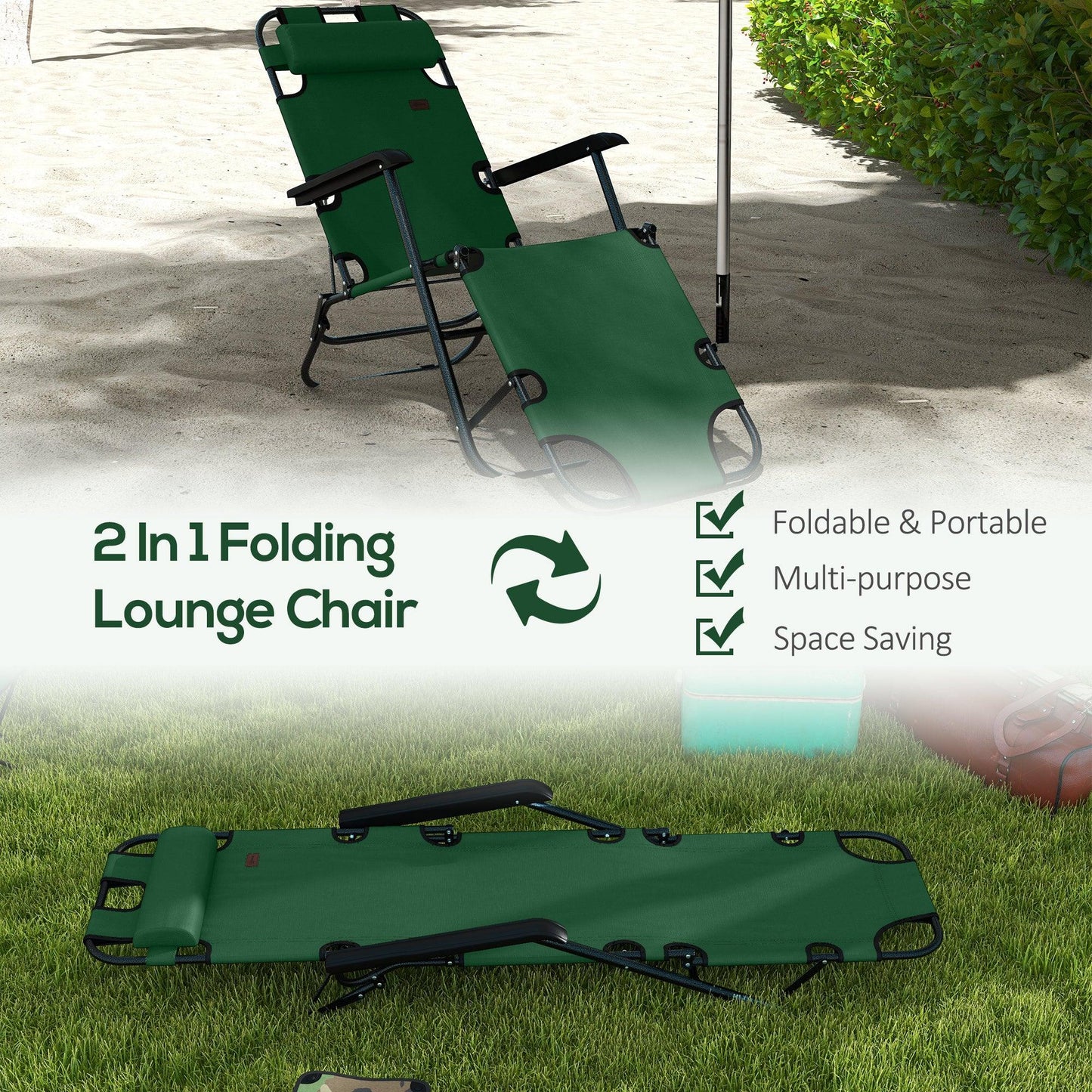 Outsunny 2 in 1 Sun Lounger Folding Reclining Chair Garden Outdoor Camping Adjustable Back with Pillow, Green - ALL4U RETAILER LTD