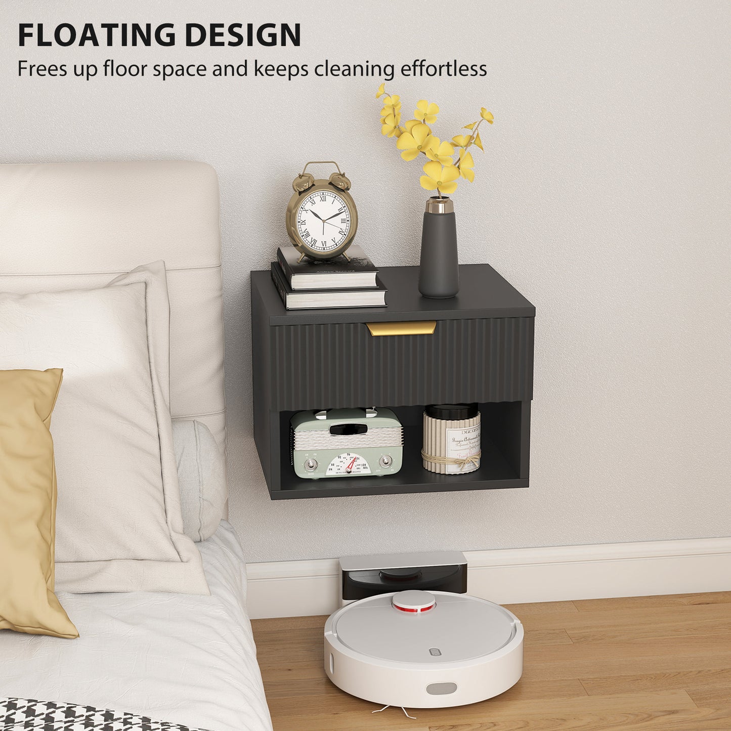 HOMCOM Floating Nightstands Set of 2 Modern Wall Mounted Bedside Tables Black Space Saving
