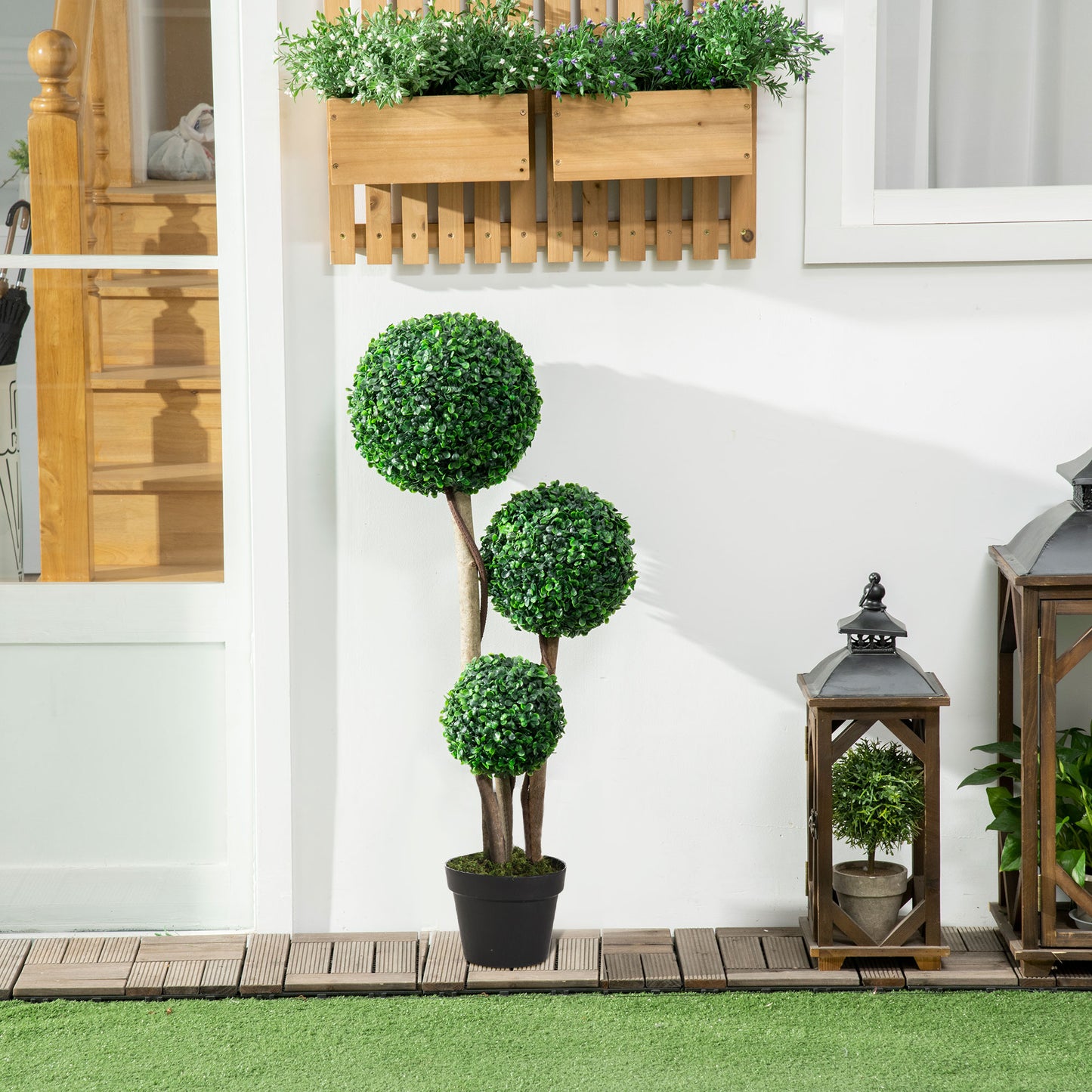 HOMCOM Boxwood Ball Topiary Tree in Pot Decorative Artificial Plant for Indoor Outdoor Decor 90 Cm Dark Green