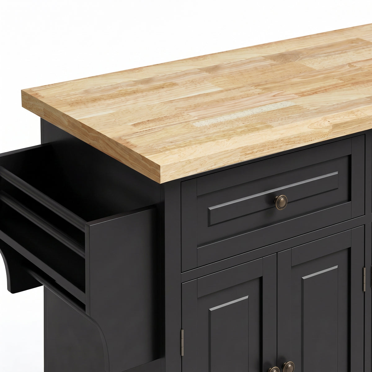 Rubberwood tabletop with black drawer and cabinet doors on a rolling kitchen island cart
