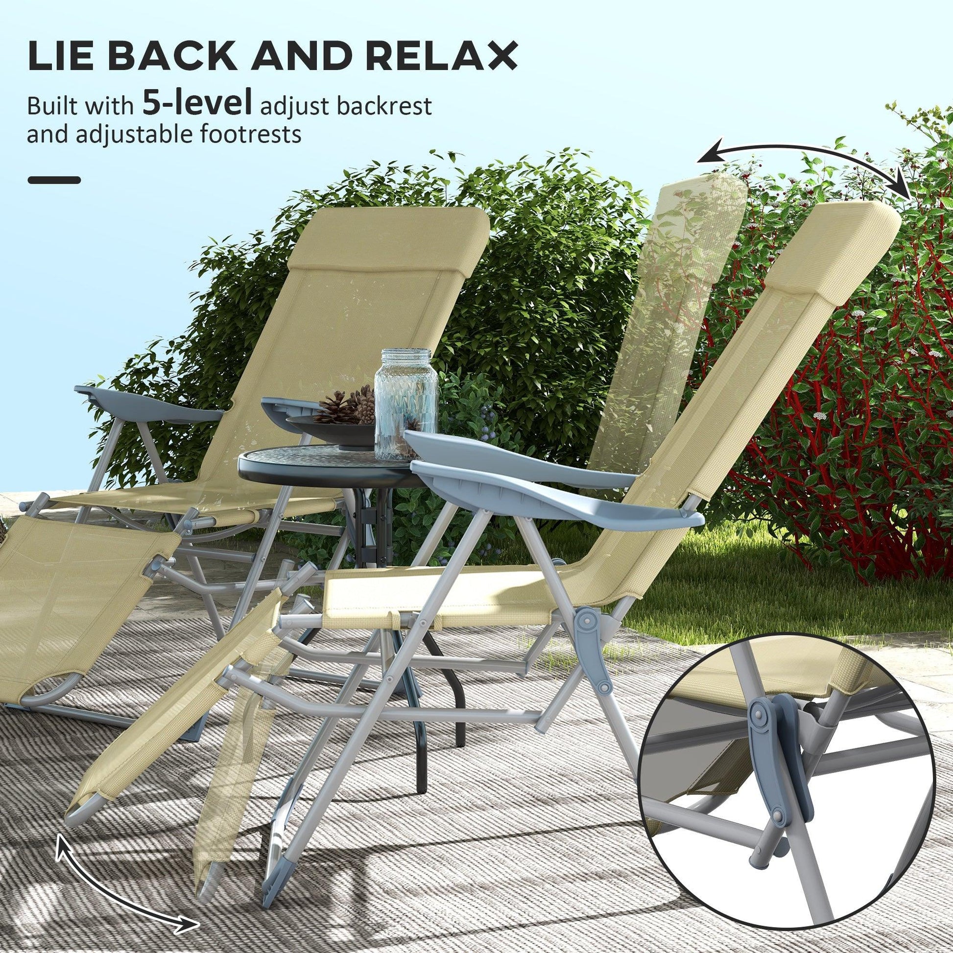 Outsunny Outdoor Sun Lounger Set of 2, Reclining Garden Chairs w/ Adjustable Footrest, 2 pcs Recliner w/ 5-level Adjustable Backrest, Headrest, Beige - ALL4U RETAILER LTD