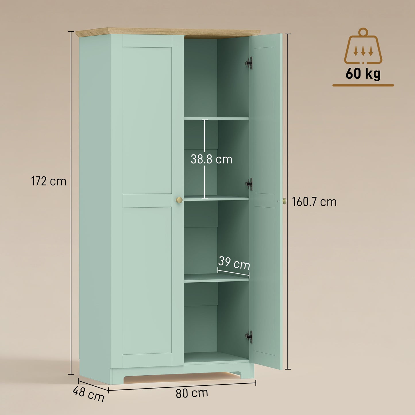 HOMCOM Kitchen Cupboard Freestanding Storage Cabinet With Doors And Shelves 172cm Light Green