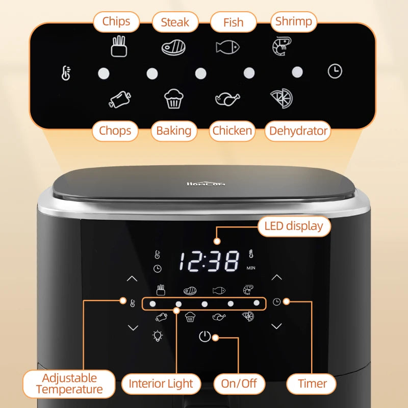 HOMCOM 6.5L 4-in-1 Digital Air Fryer Oven with 8 Programs, Rapid Air Circulation, Adjustable Temperature, 60-Minute Timer, Recipes, Non-stick Basket, 1500W, Black - ALL4U RETAILER LTD