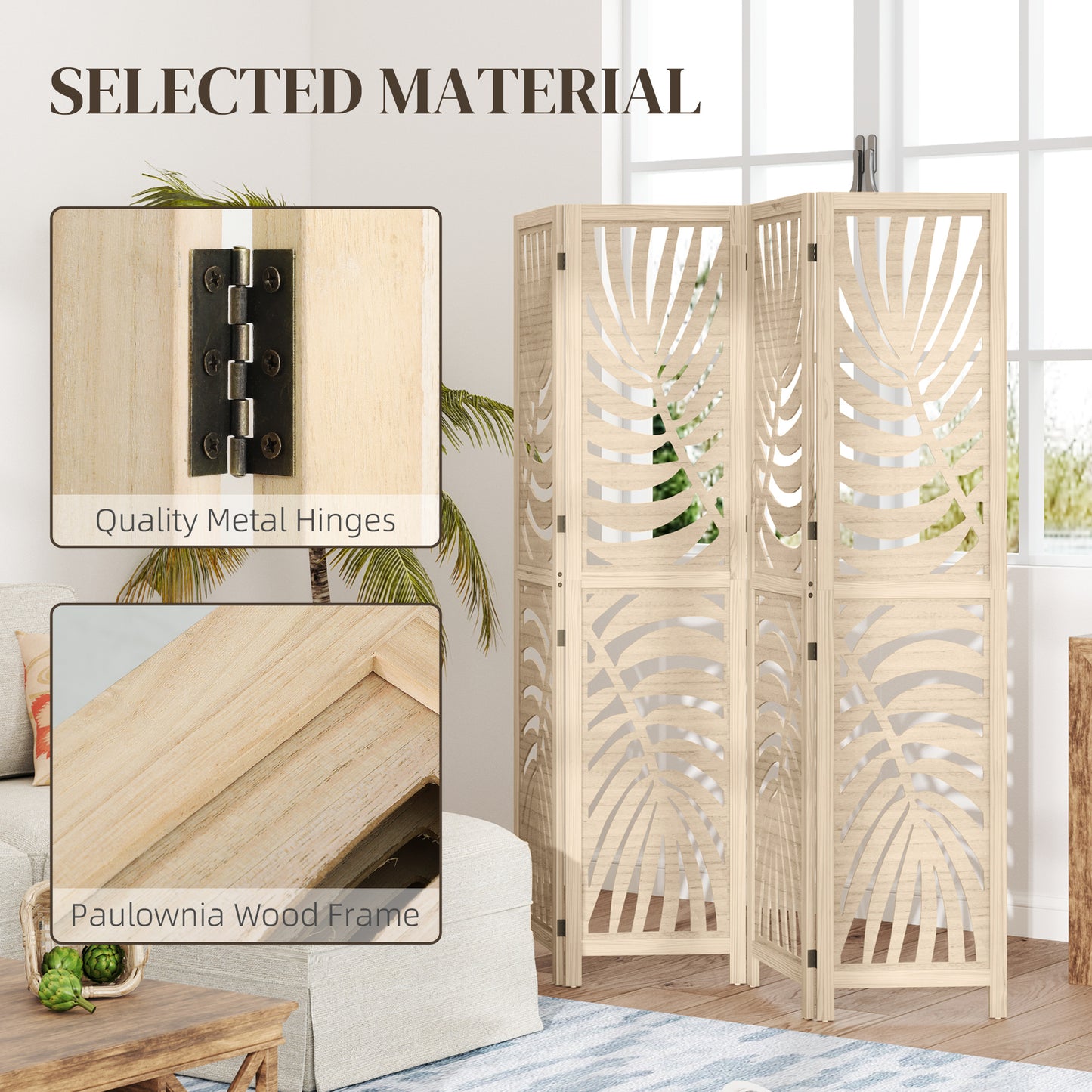 HOMCOM 4 Panel Privacy Screen Folding Room Divider Detachable Palm Leaf Design Natural Wood Finish For Home Office