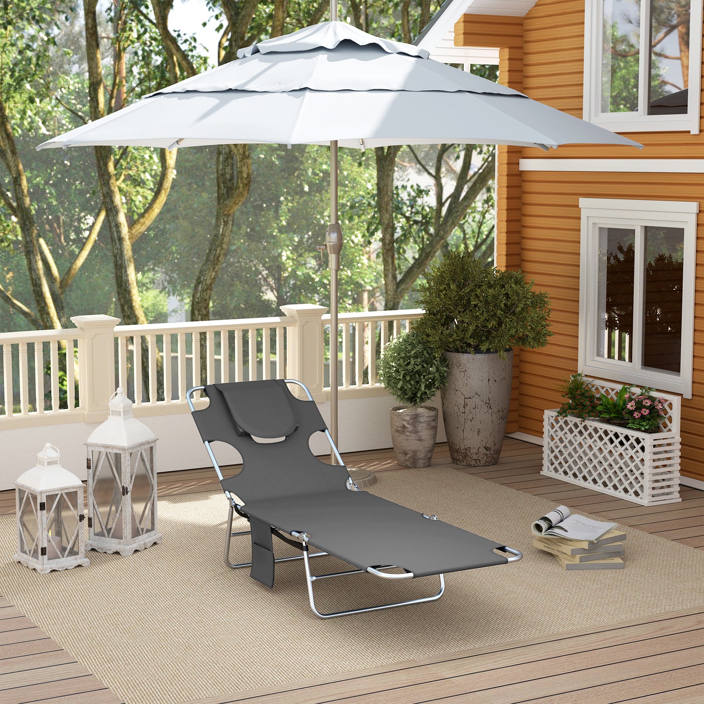 Outsunny Foldable Sun Lounger Set Of 2 Beach Chaise Lounge With Reading Hole 5 Position Backrest Side Pocket Pillow
