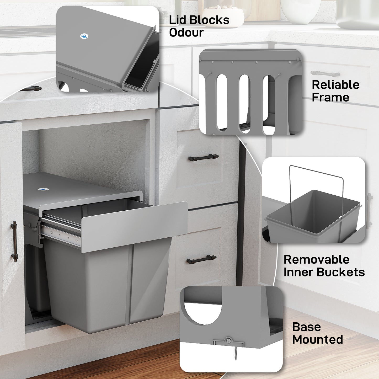 HOMCOM Under Sink Pull Out Bin With Dual 15L Compartments For 400mm Cabinets Light Grey Soft Close