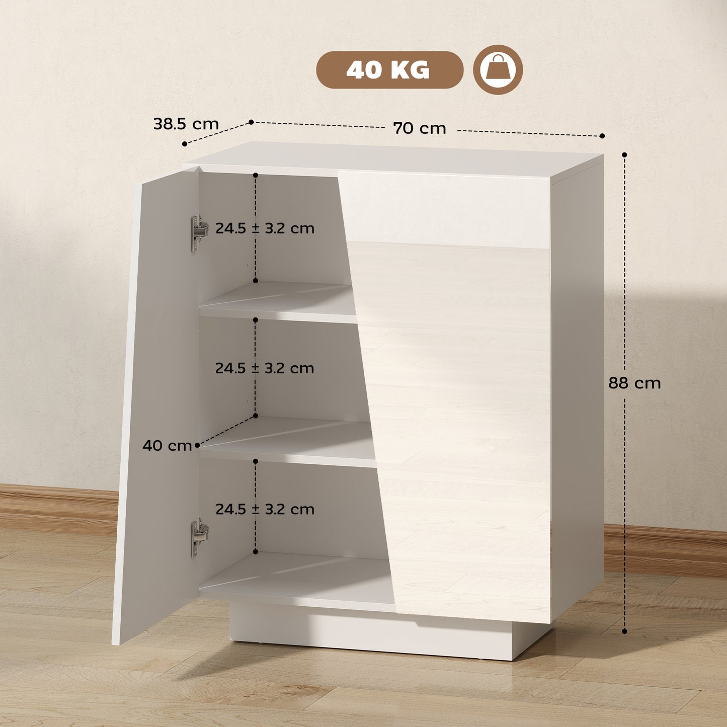 HOMCOM High Gloss Storage Cabinet Freestanding Cupboard With Adjustable Shelves For Living Room Bedroom Hallway White