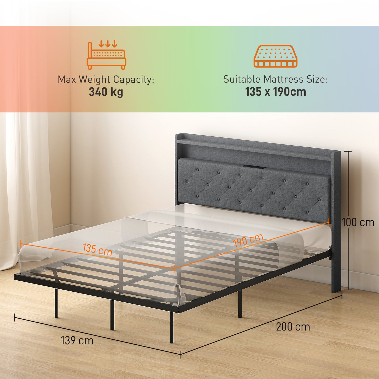 HOMCOM Floating Upholstered 4ft6 Double Size Platform Bed With RGB LED Lights And Charging Station Grey