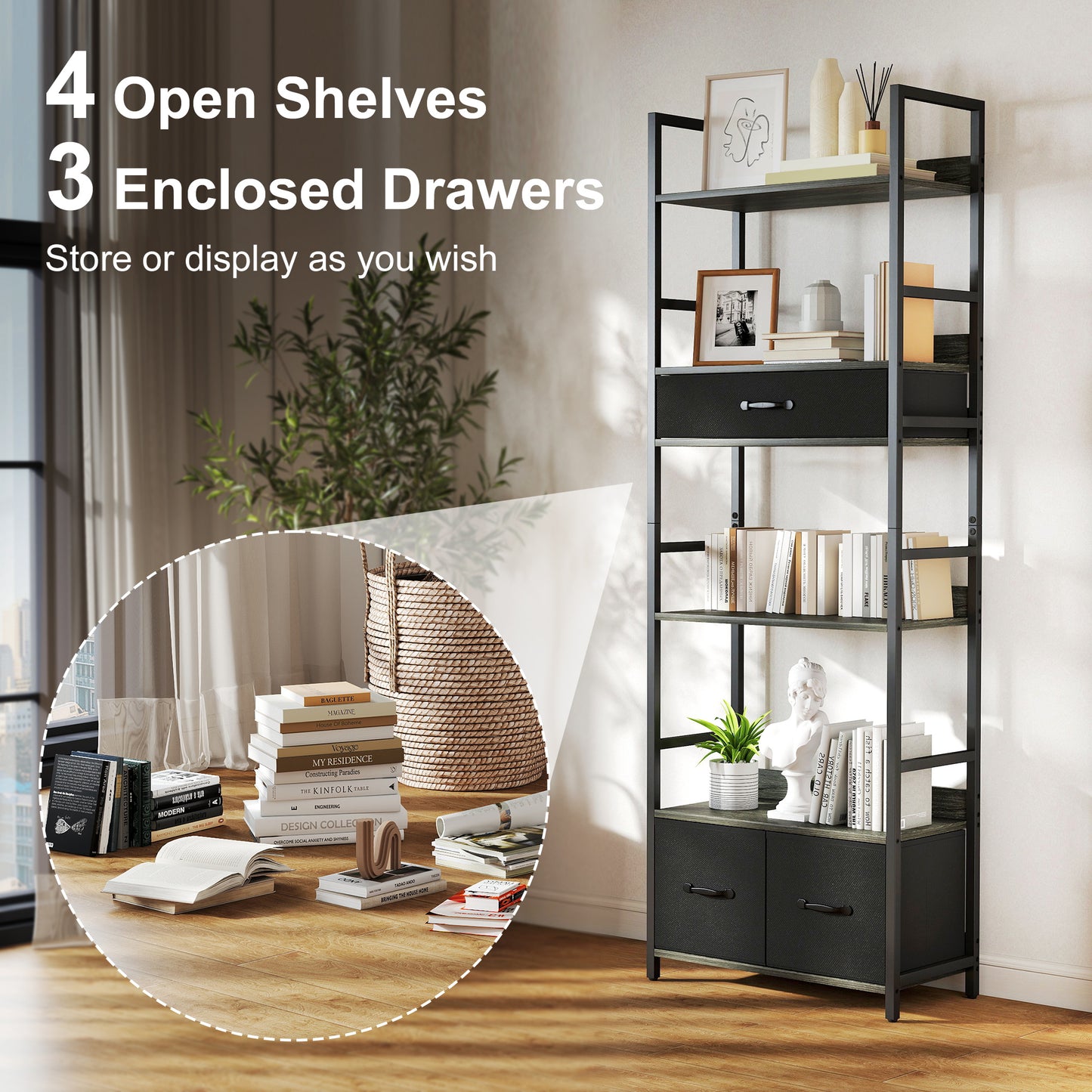 HOMCOM Industrial Style 4 Shelf Bookcase With 3 Fabric Drawers Grey And Black For Open Display