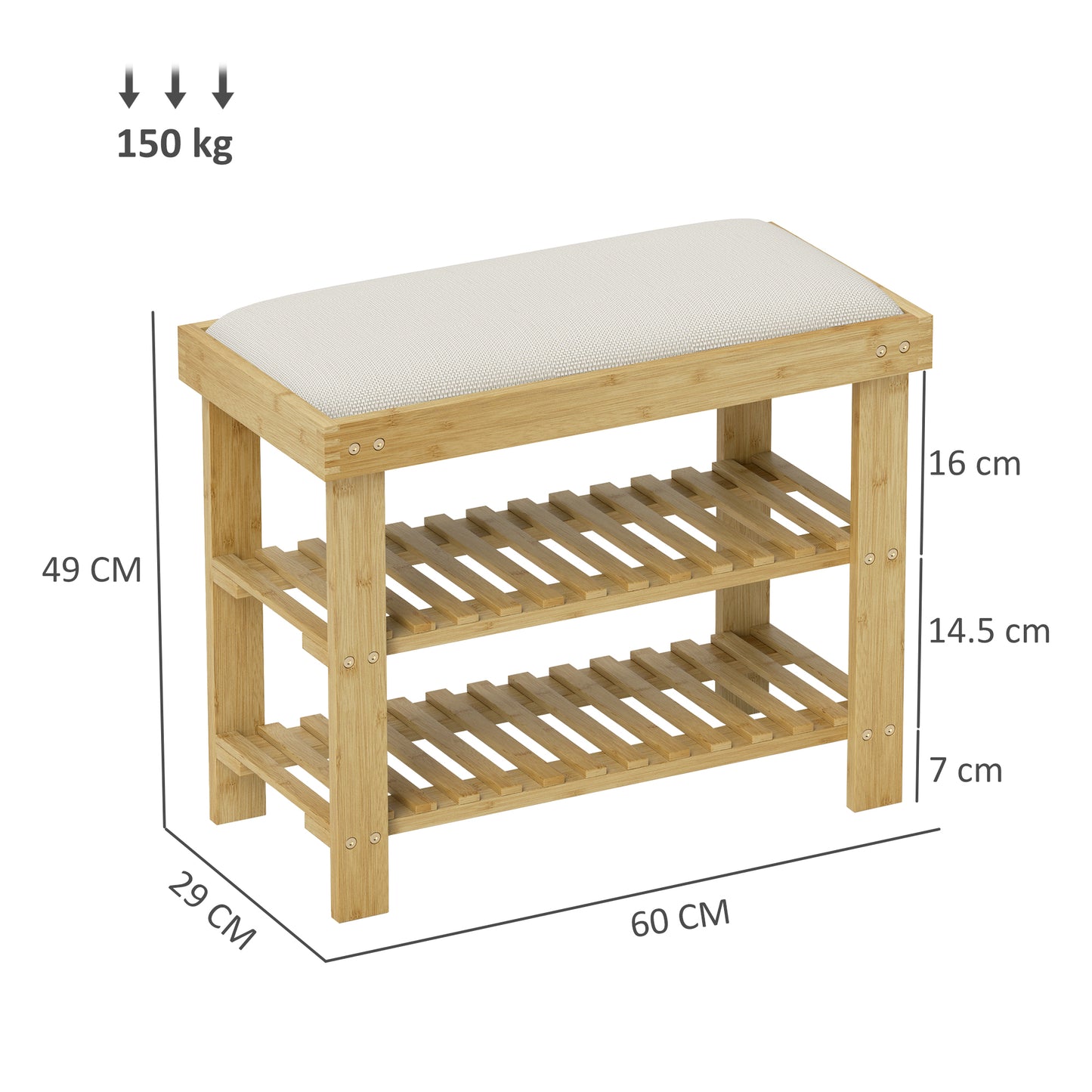 HOMCOM Bamboo Shoe Storage Bench 3 Tier With Seat Cushion Cream White for Entryway Hallway Living Room Bedroom