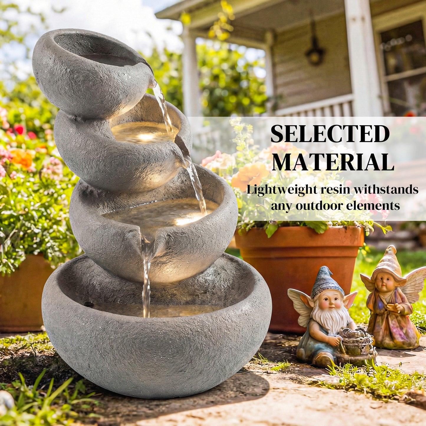 Outsunny 4 Tier Outdoor Water Fountain with LED Lights and Pump Freestanding Resin Waterfall for Patio