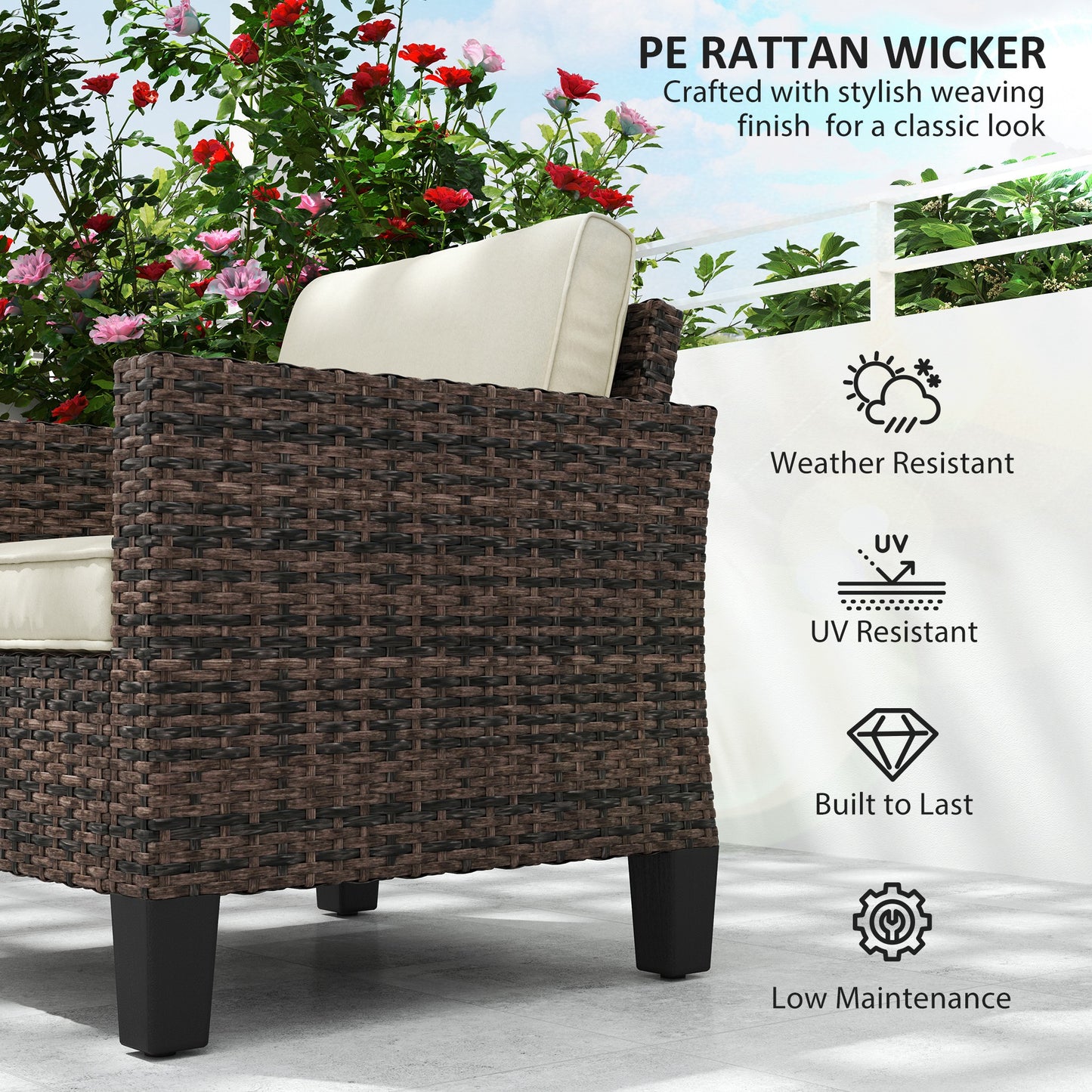 Outsunny Single Rattan Armchair With Cushions Brown Outdoor Garden Lounge Chair Removable Washable Cushion Covers