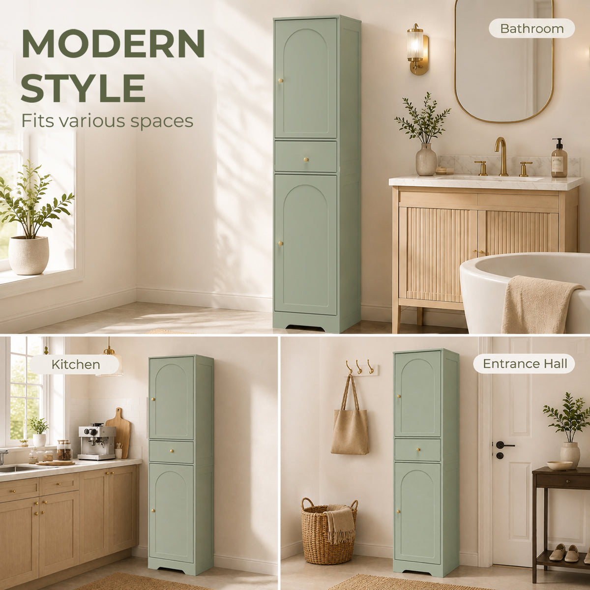 HOMCOM Tall Bathroom Storage Cabinet with Drawer and Arched Doors Light Green