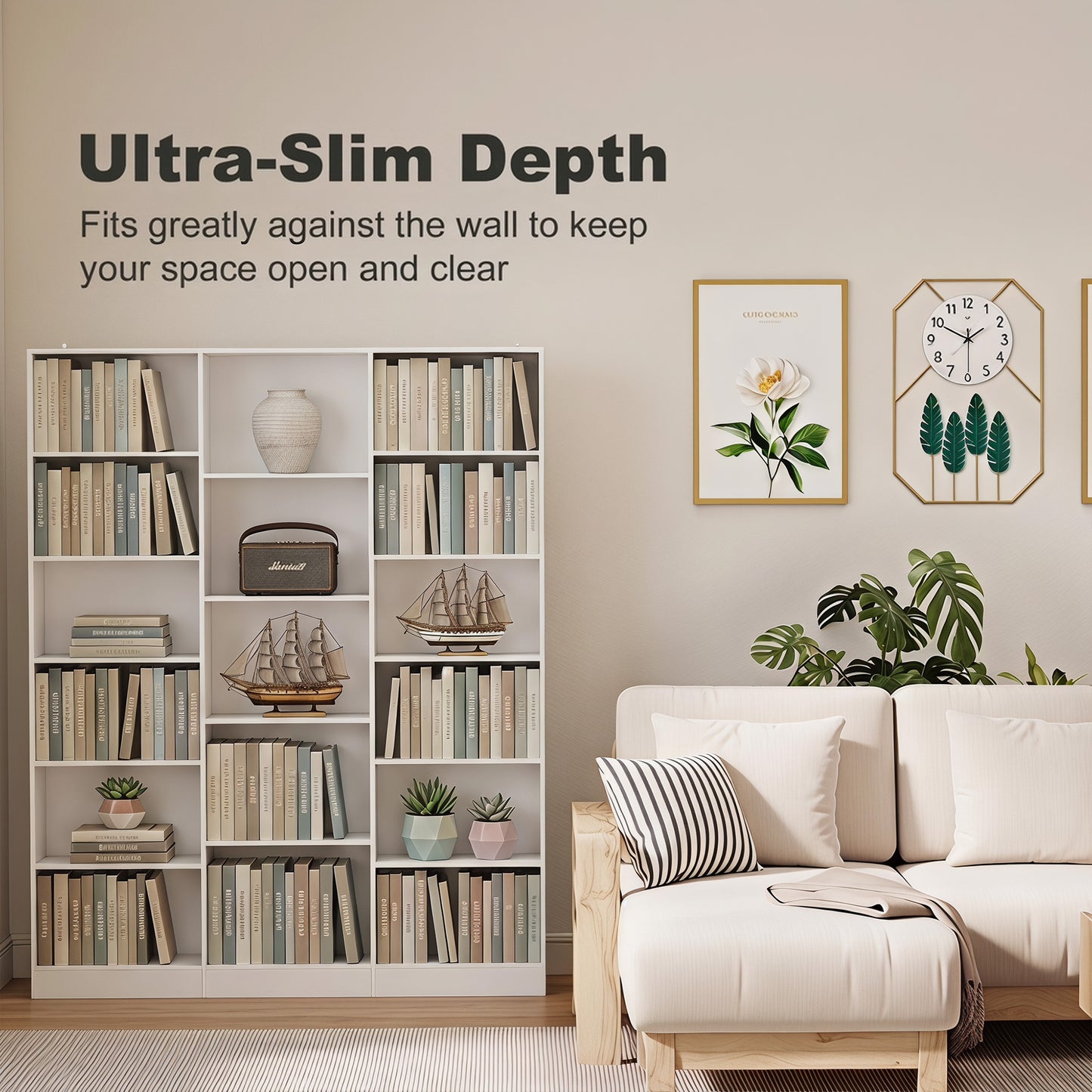 HOMCOM 6 Tier Bookcase with Open Storage Slim Depth White Bookshelf with Adjustable Shelves and Anti Tipping Hardware