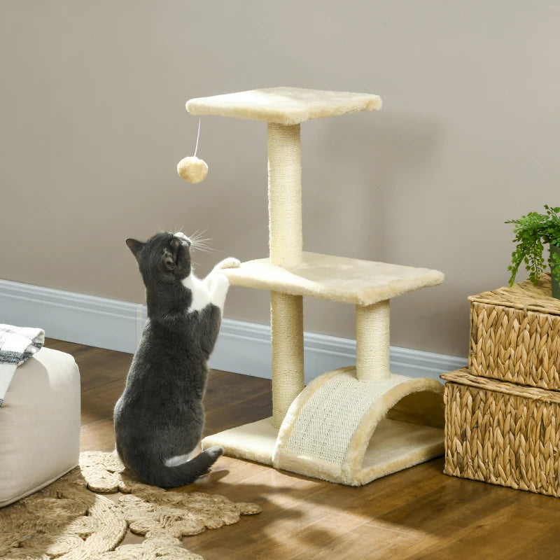 PawHut 72cm Cat Tree with Scratching Post and Pad for Indoor Cats - Cream White - ALL4U RETAILER LTD