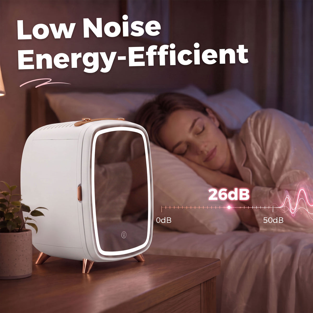 White skincare refrigerator on bedside table with glowing mirror frame, low-noise operation