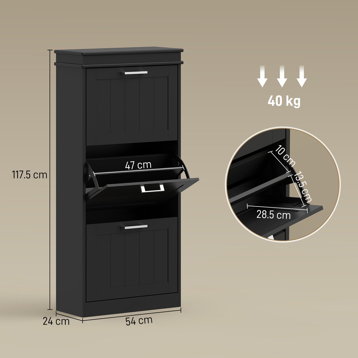 HOMCOM Narrow Three Drawer Minimalistic Shoe Cabinet Black With Adjustable Shelves Fits 15 Pairs