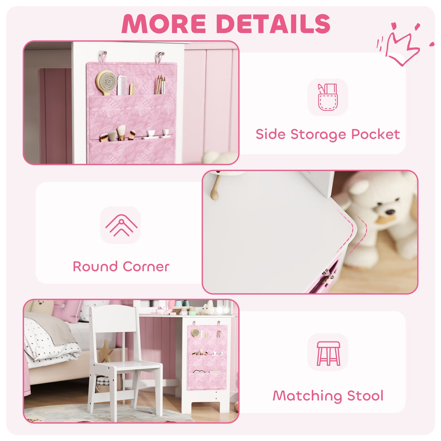 AIYAPLAY Girls Vanity Table And Stool Set With Tri Folding Mirror And Two Color LED Lights White