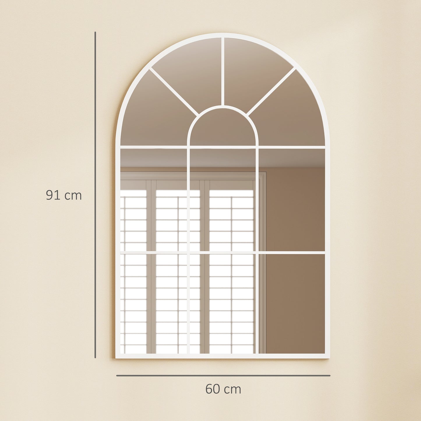 HOMCOM 90 x 61 cm Arched Grid Mirror White Wall Mounted With Metal Frame And Hooks