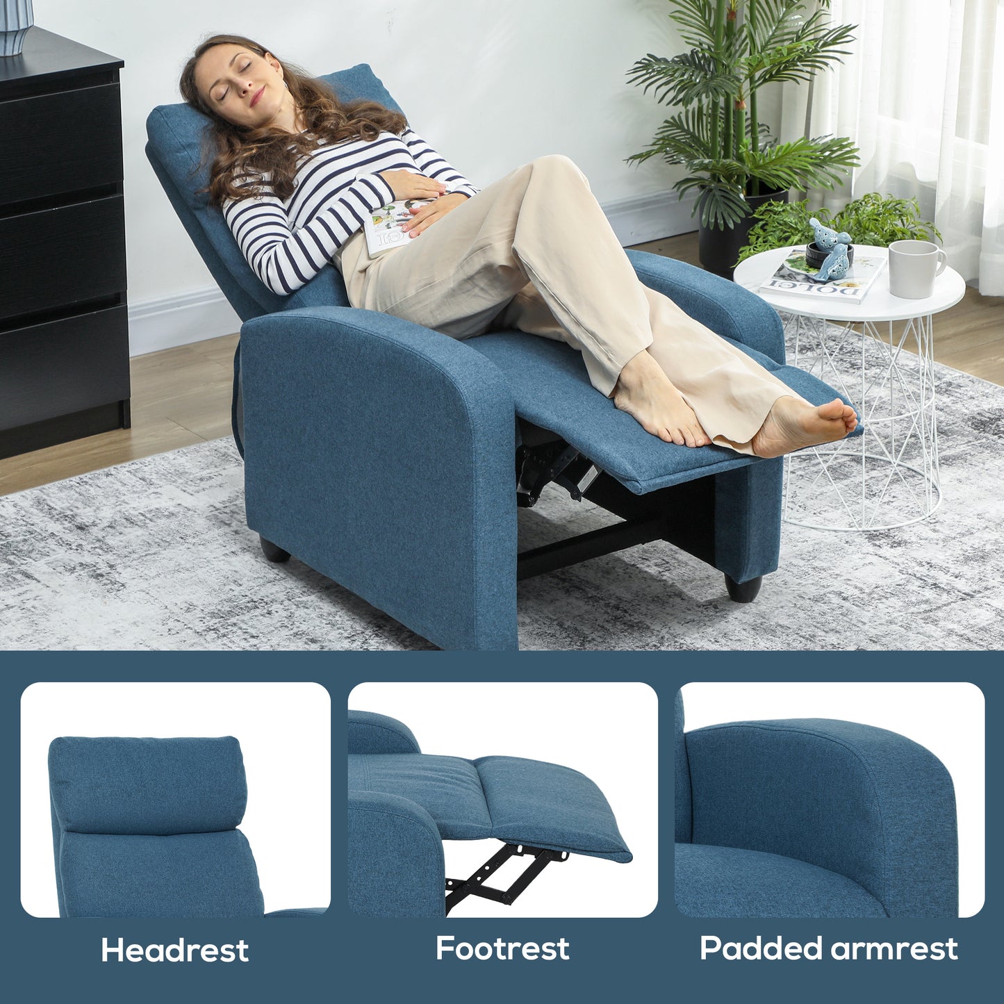 HOMCOM 135 Degree Push Back Recliner Armchair With Footrest In Blue Linen Upholstery