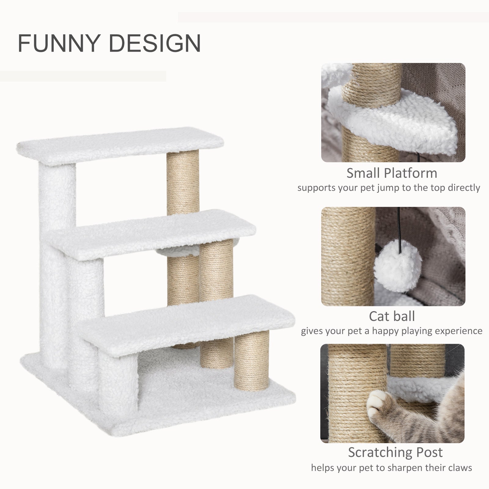 PawHut 3-Step Cat Climbing Stairs with Scratching Posts and Toy Ball for Indoor Senior Cats and Kittens - White - ALL4U RETAILER LTD