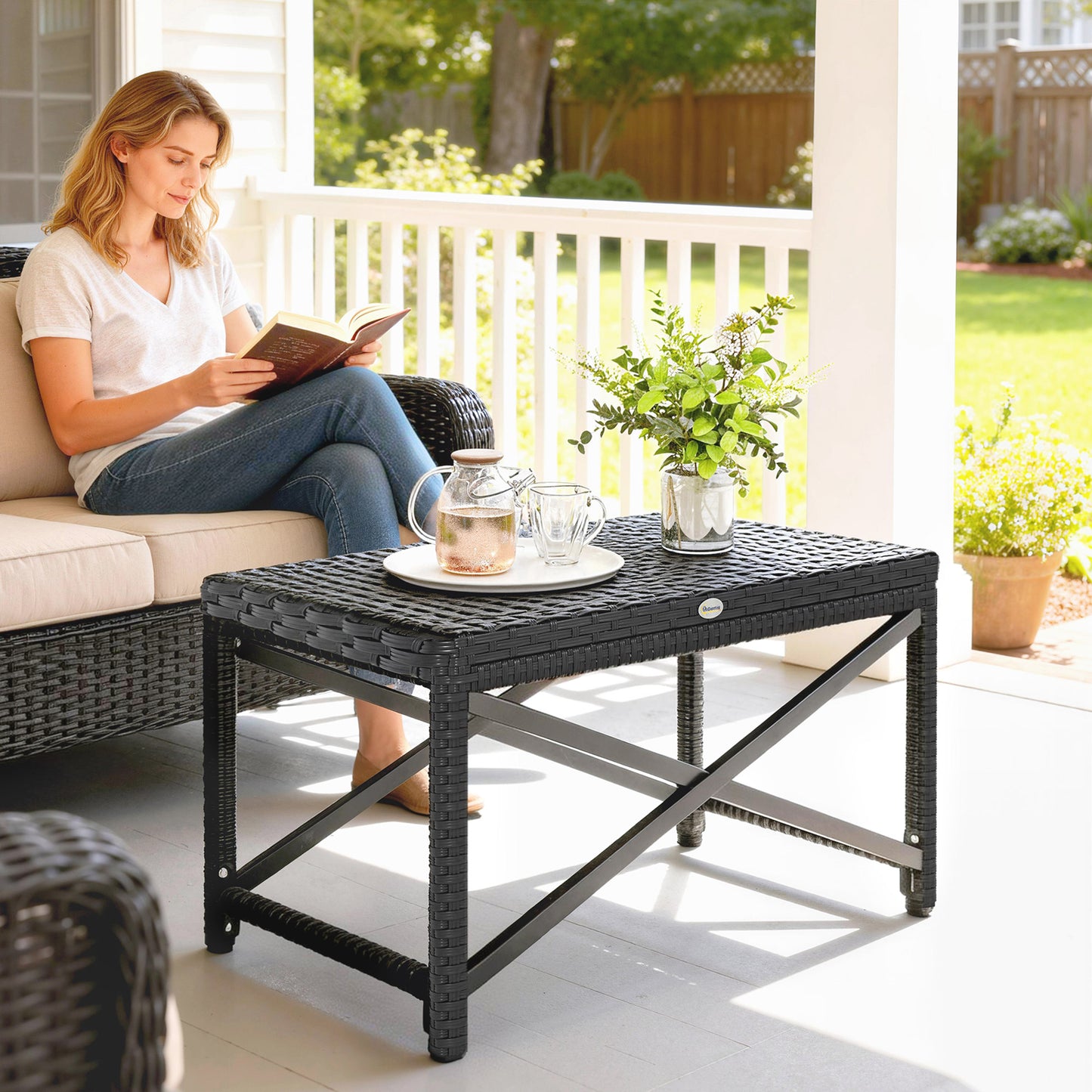 Outsunny Outdoor Coffee Table With X Shape Frame And Rattan Top For Patio Balcony Black