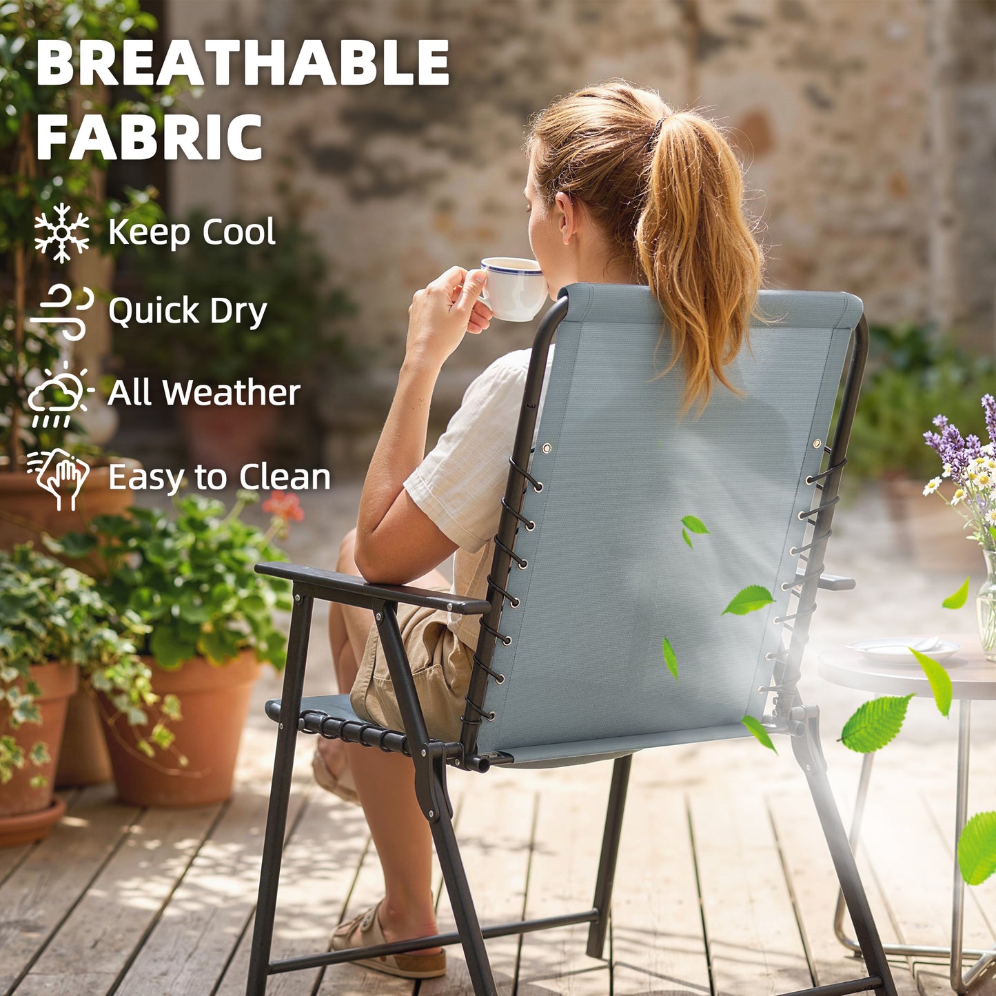 Outsunny Folding Garden Chairs Set 2 Outdoor Dining Chairs With Wide Texteline Seat High Back And Armrests Light Grey