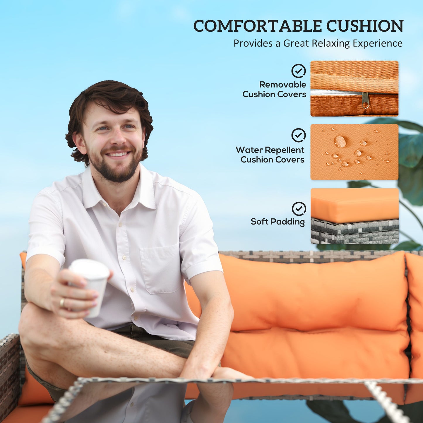 Outsunny 7 Seater Patio Wicker Sofa Set Rattan Furniture With Glass Table Cushions Orange