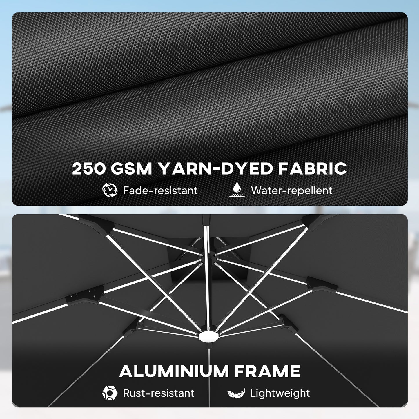 Outsunny 3m Garden Cantilever Parasol With Cross Base And Solar LED Lights 360 Degree Rotation Crank Tilt Grey