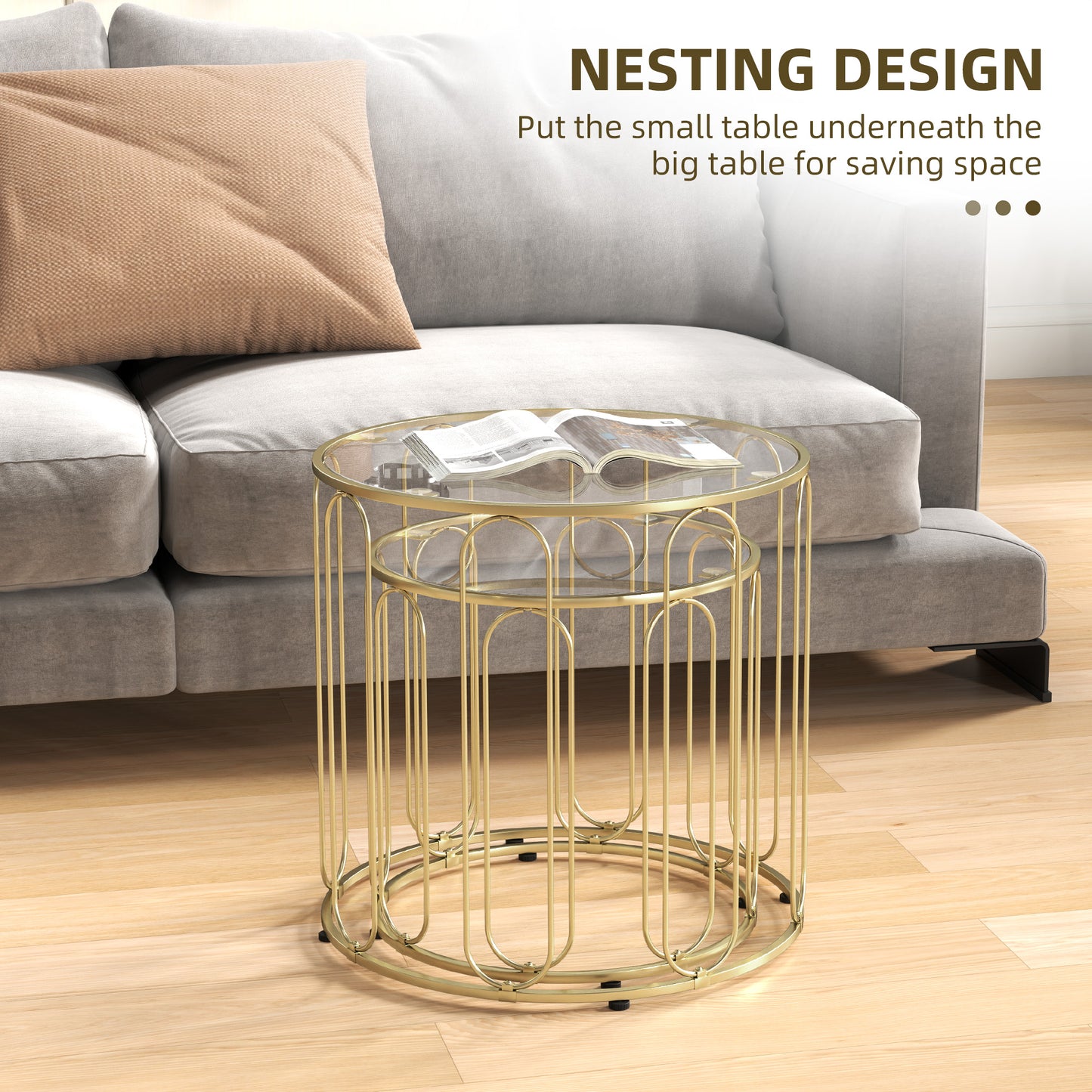HOMCOM Elliptical Cutout Nesting Tables Gold Tone Glass Top With Metal Ring Frame Two Piece Coffee Table Set