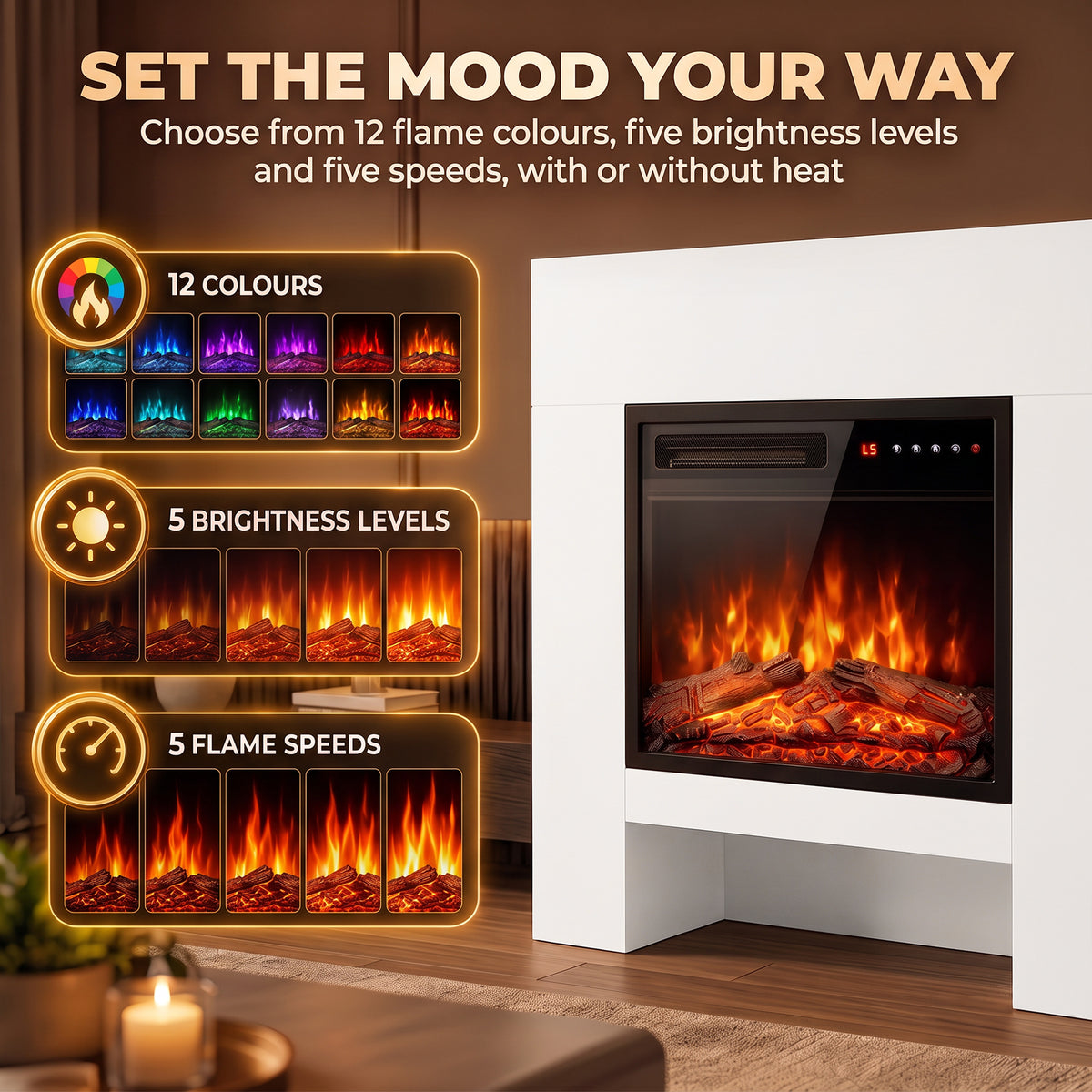 White electric fireplace cabinet with flame display and color/brightness control graphics
