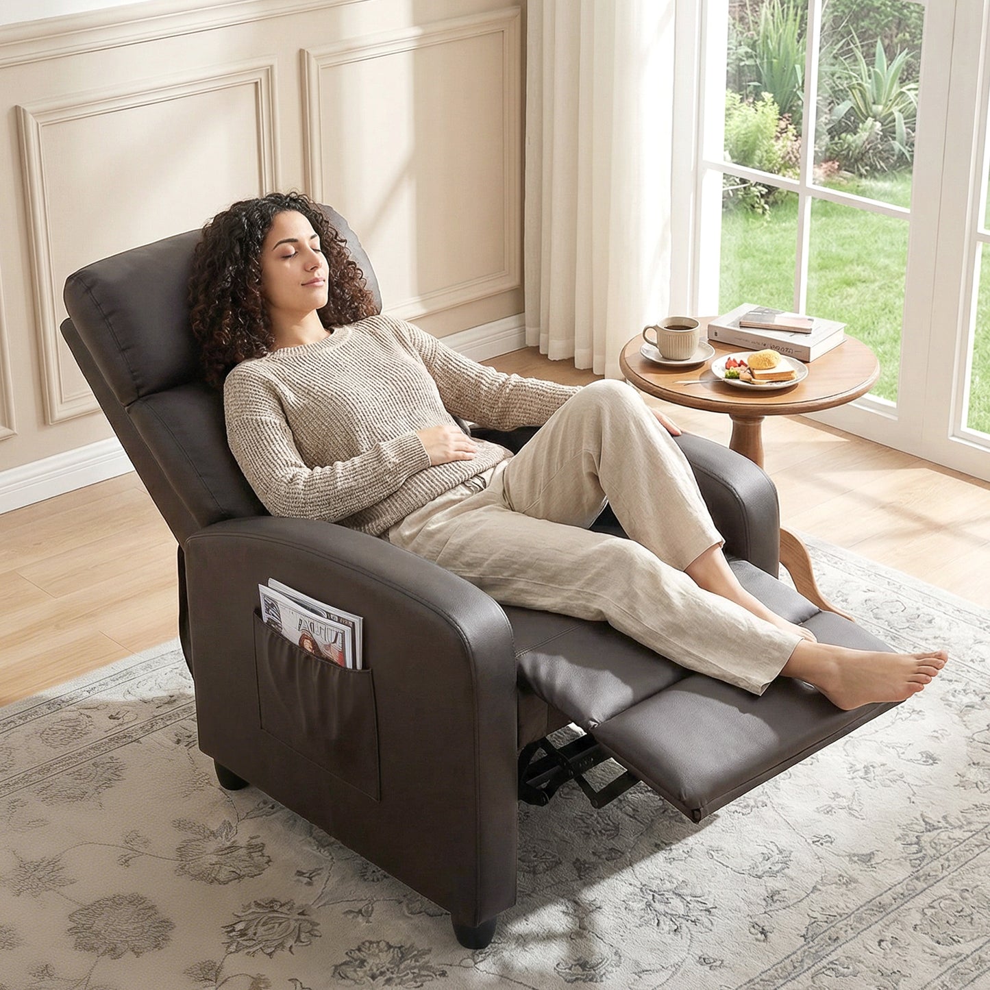 HOMCOM Massage Recliner Armchair Faux Leather Push Back Chair With Adjustable Leg Rest And Side Pocket Brown
