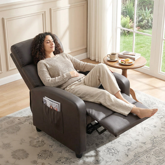 HOMCOM Massage Recliner Armchair Faux Leather Push Back Chair With Adjustable Leg Rest And Side Pocket Brown