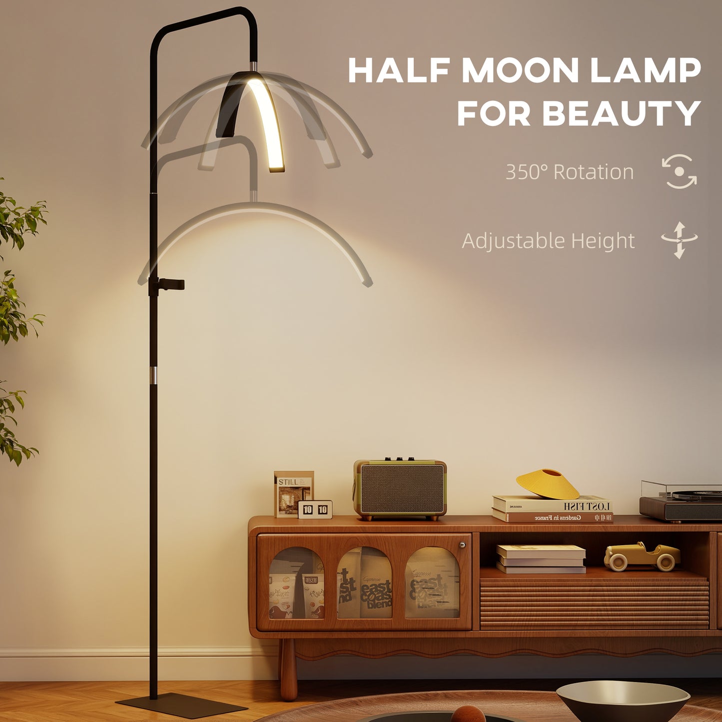HOMCOM Half Moon Lash Light Floor Lamp With 350 Degree Rotatable Head 7 Color Temperatures Dimmable Phone Holder Black