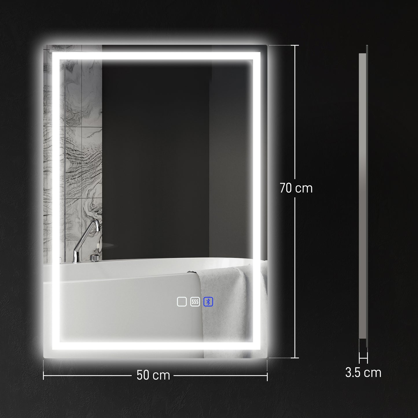 HOMCOM 50 By 70 Cm Anti Fog LED Bathroom Mirror With Bluetooth Silver Tone Edge Lit 240 LED Beads