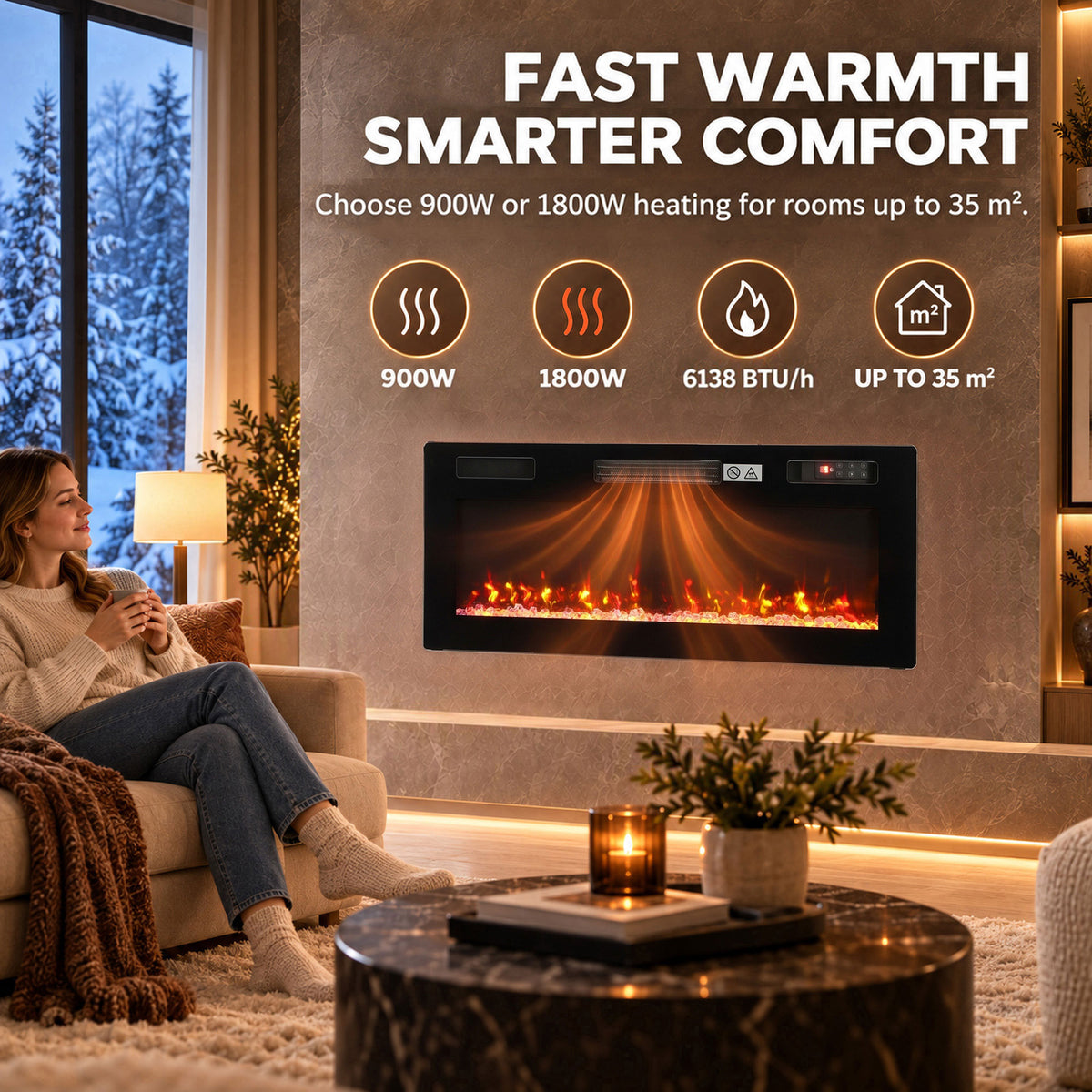 Electric fireplace with flame window and heating settings panel on a wall