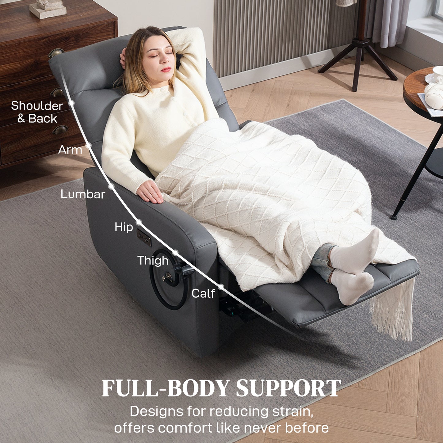 HOMCOM Electric Recliner With USB And Type C Ports, Phone Holder, PU Leather, Adjustable Leg Rest, Grey For Living Room