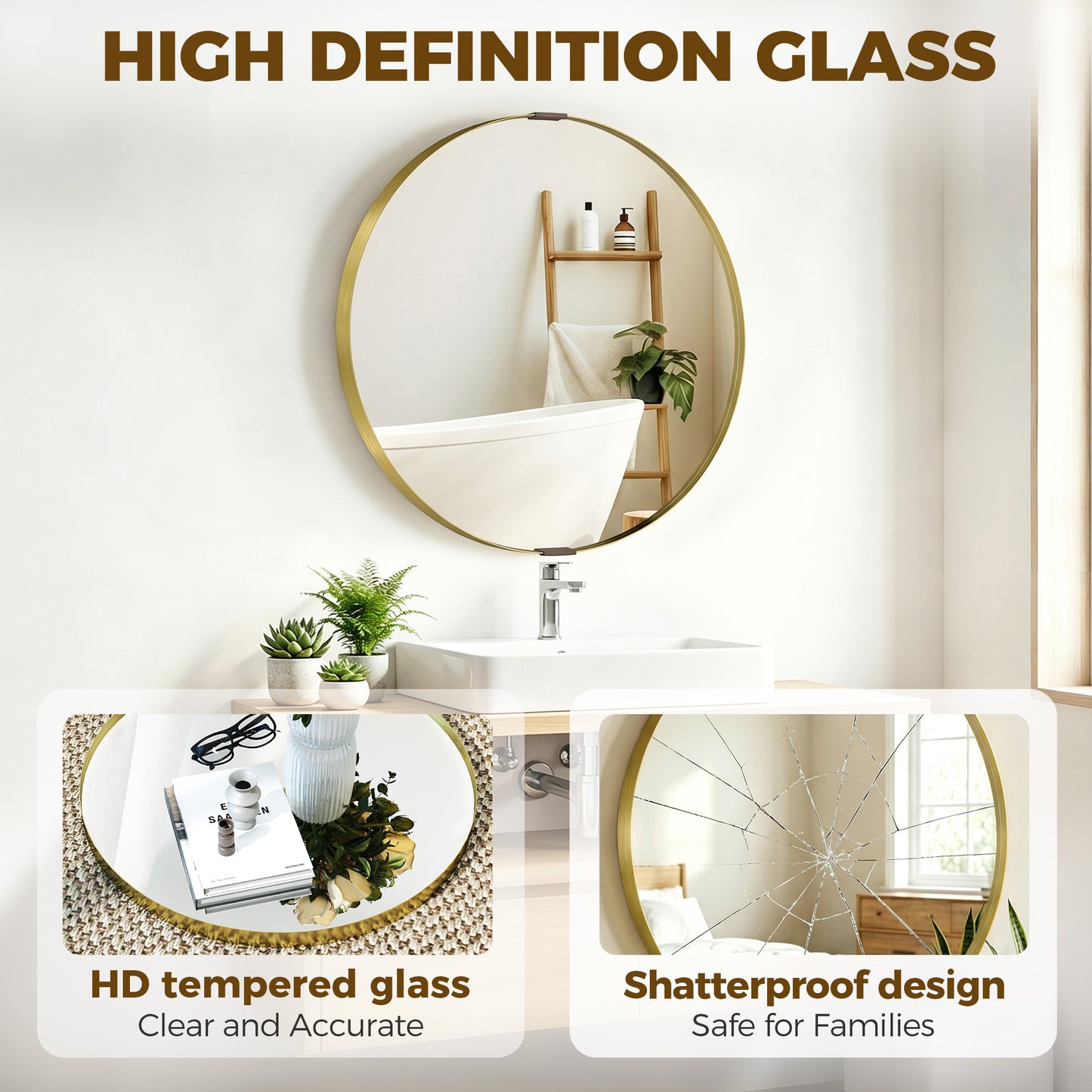 HOMCOM Round Wall Mirror 61 cm Wall Mounted Bathroom Mirror With Tempered Safety Glass And Gold Tone Aluminium Frame