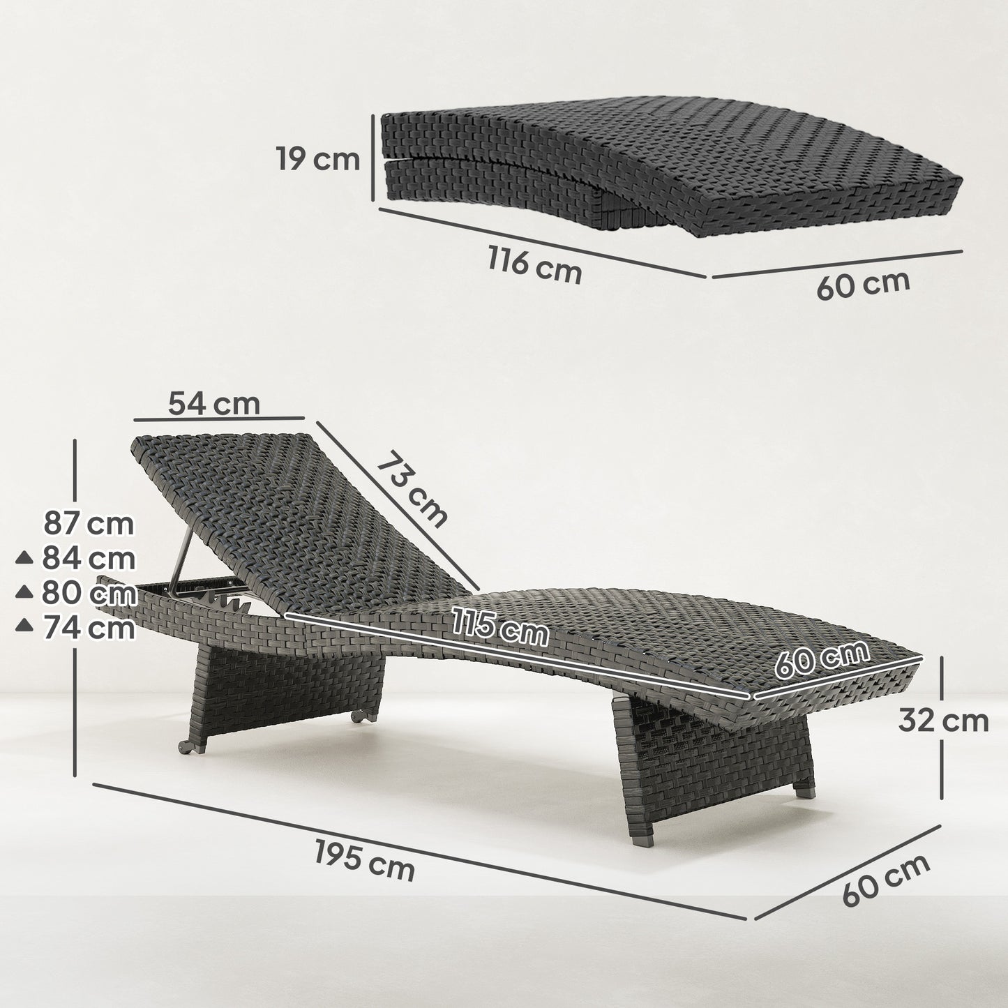 Outsunny Outdoor PE Rattan Sun Lounger Folding Wicker Garden Recliner With 4 Level Backrest Rolling Sunbed Chair Black