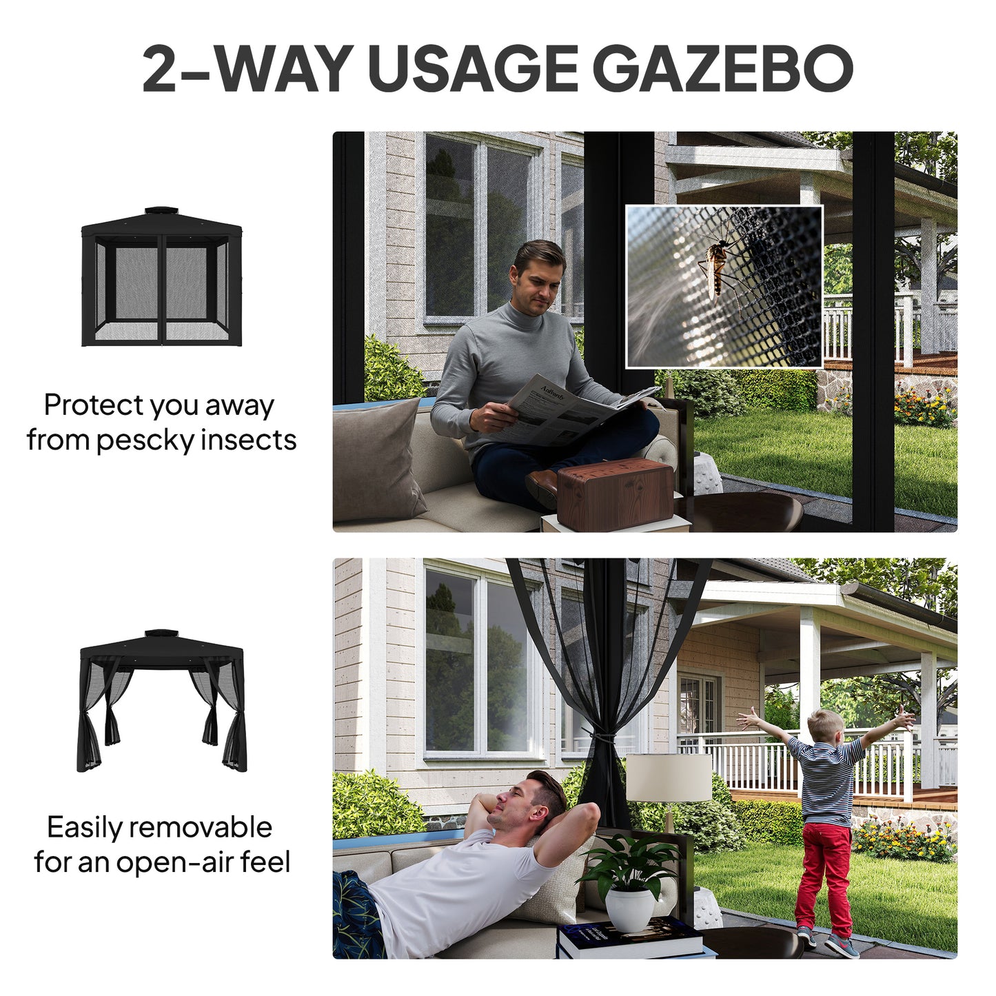Outsunny 3x3m Metal Gazebo Garden Pavilion With Double Roof Outdoor Canopy Shelter And Mesh Sidewalls Black