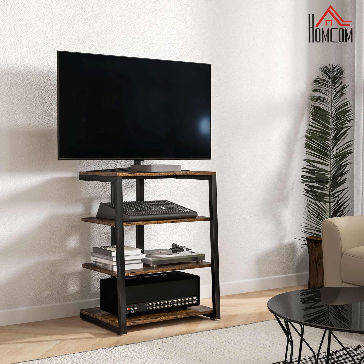 HOMCOM HiFi Stand With Four Adjustable Storage Shelves Rustic Brown Finish Sturdy Steel Frame for Audio Video Equipment