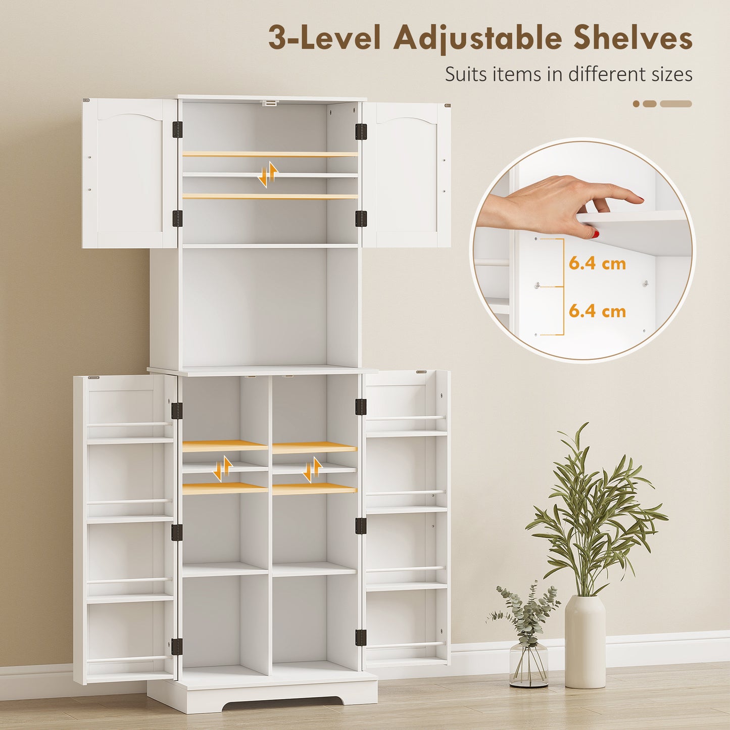 HOMCOM 181.5 cm Freestanding Storage Cabinet Tall Kitchen Cupboard With Adjustable Shelves And 8 Door Spice Racks White