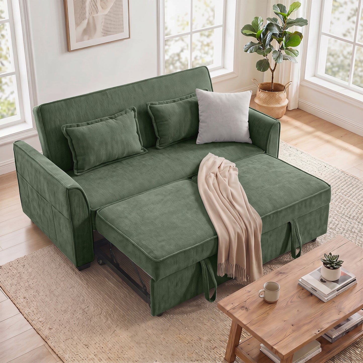 HOMCOM 2 Seater Sofa Bed 4-In-1 L-Shaped Convertible Pull-Out Sleeper Sofa Dark Green With Adjustable Backrest
