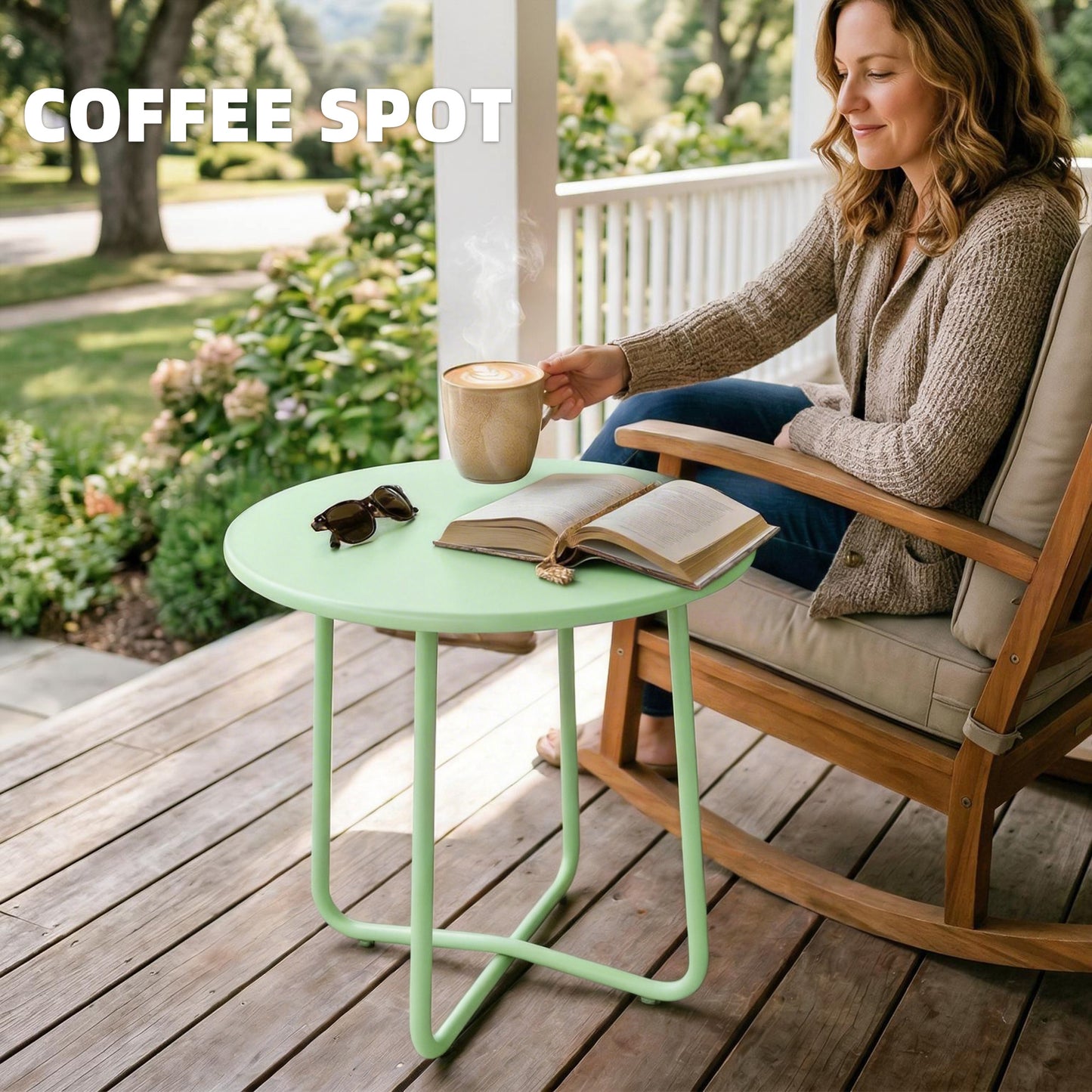Outsunny 48 Cm Round Metal Outdoor Garden Side Table With Rolled Edge And Adjustable Foot Pads Rust Resistant Green
