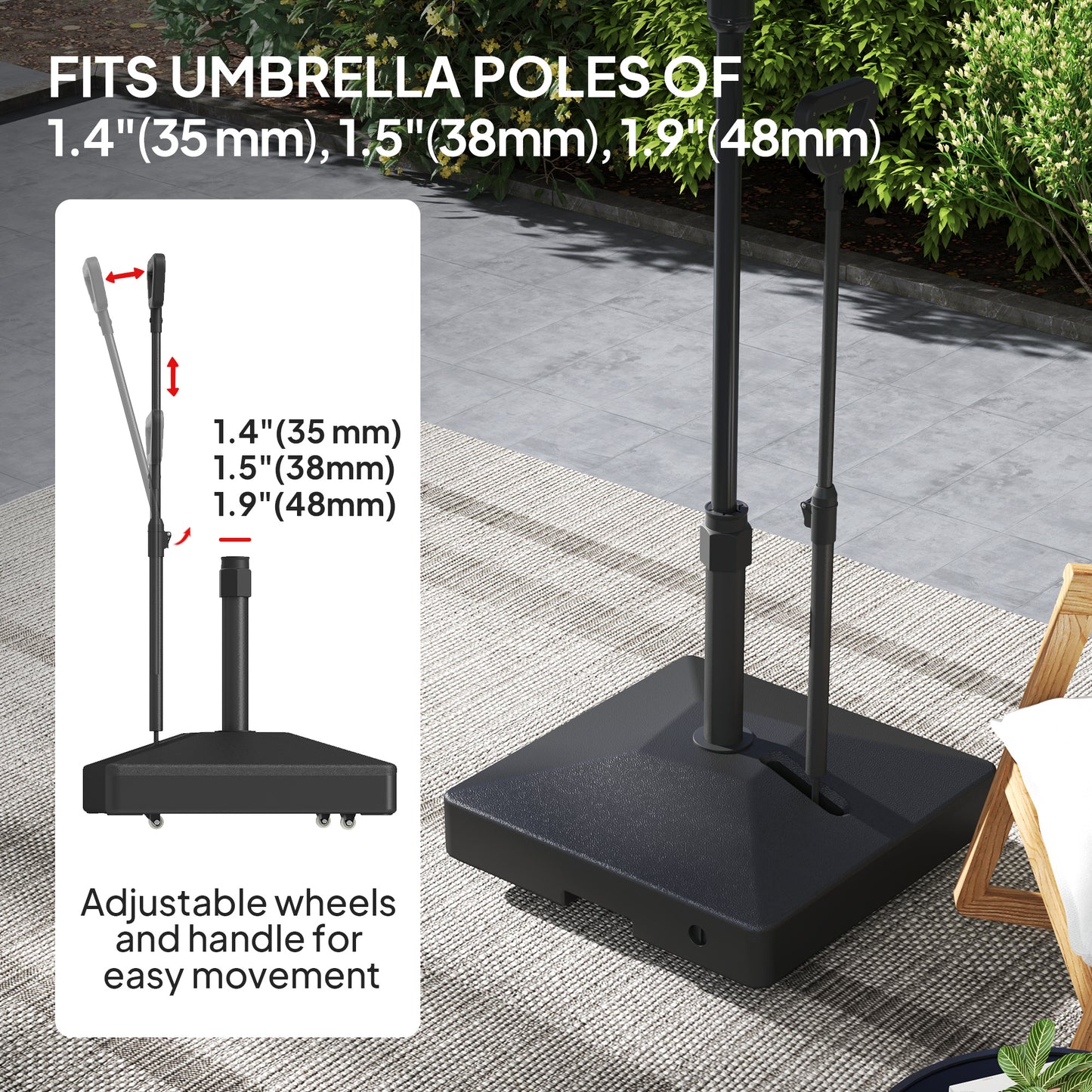 Outsunny Parasol Base With Wheels And Handle, 55kg With Stand Or 45kg With Water, Fits 35 38 48mm Poles, Black