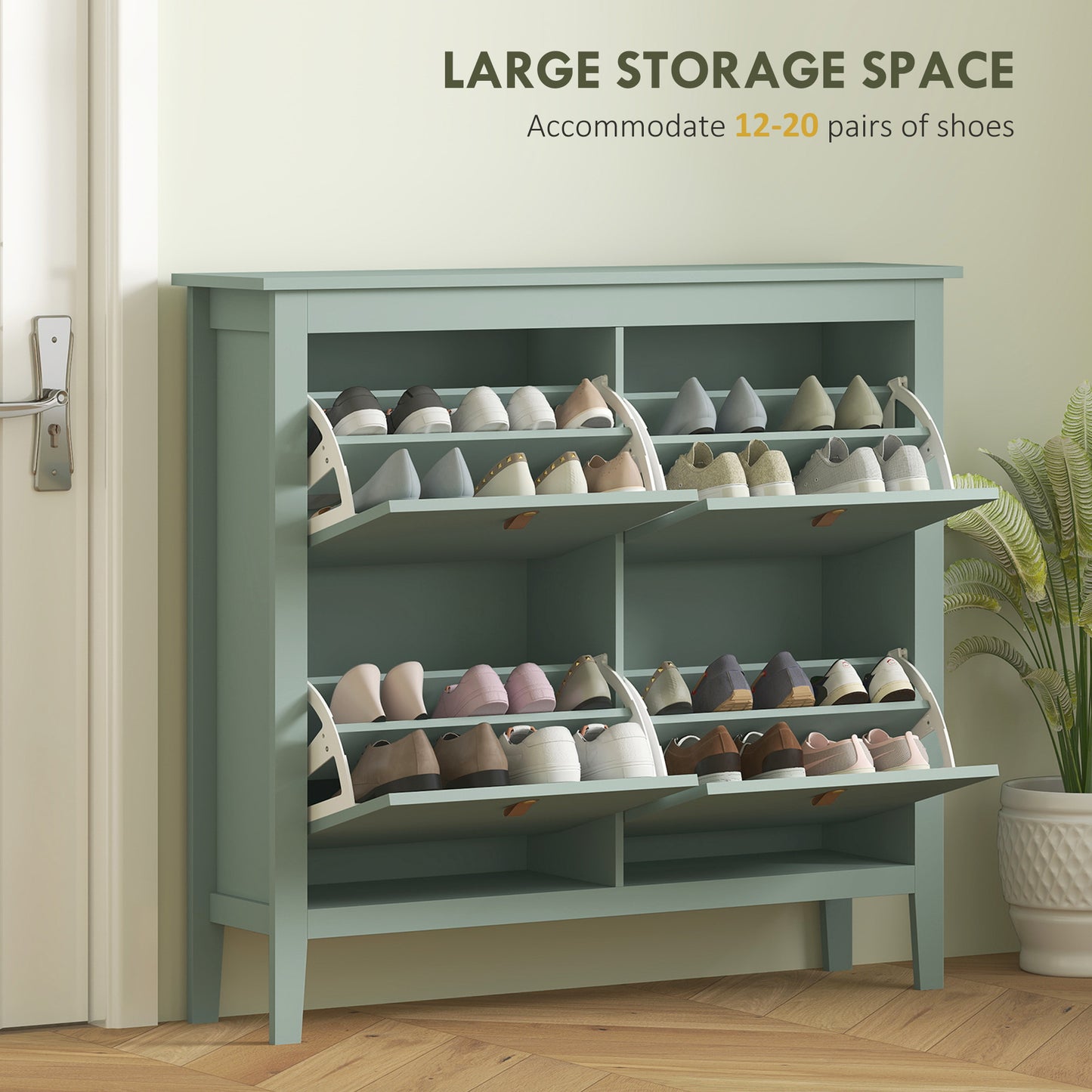 HOMCOM Modern Four Drawer Shoe Cabinet Green Slim Storage Organizer Holds 20 Pairs Shoes