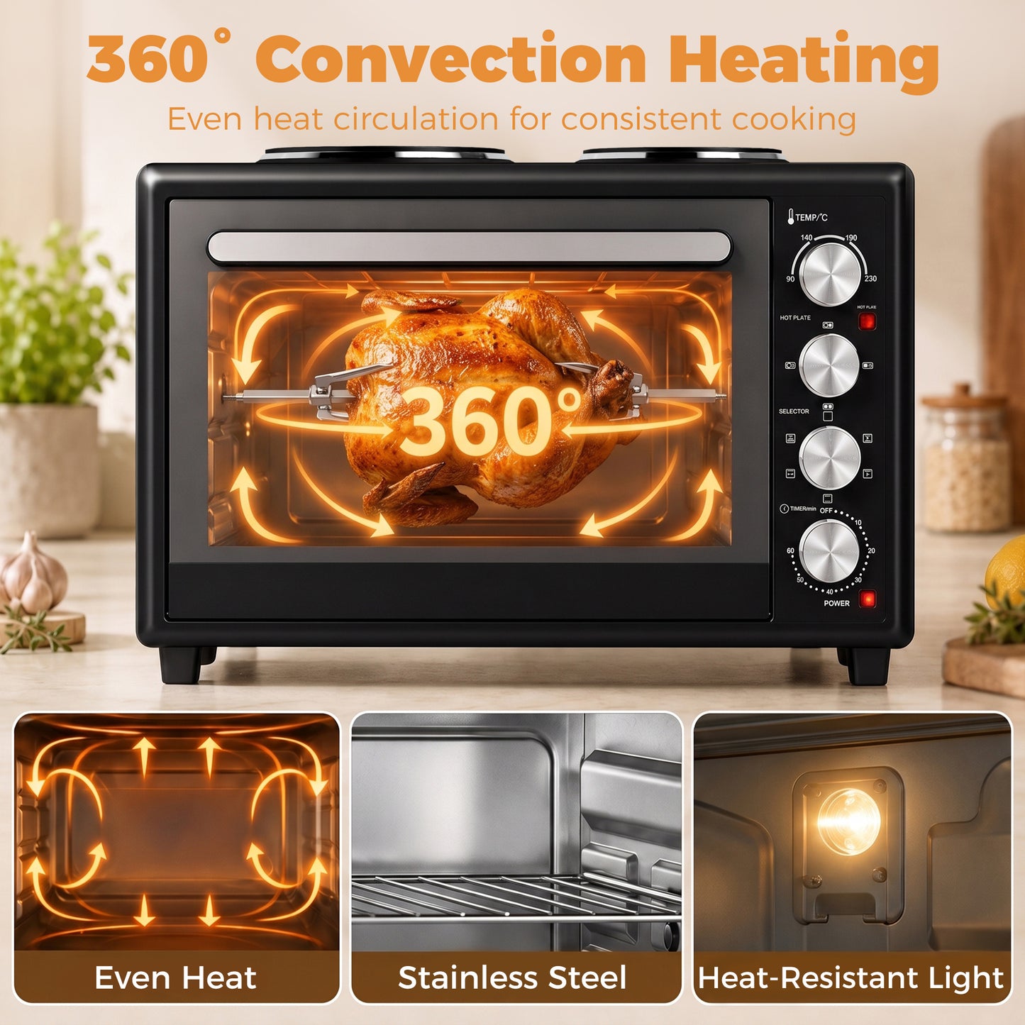 HOMCOM 46L Countertop Oven With Dual Hot Plates Convection And Adjustable Thermostat