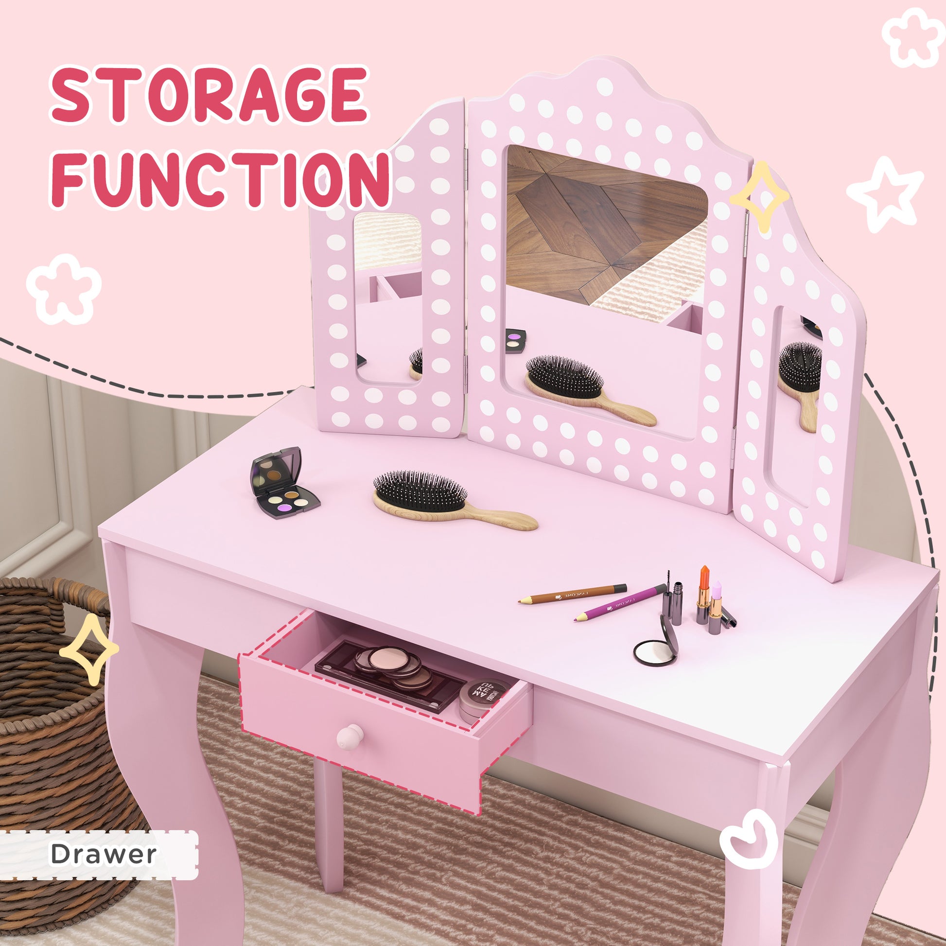 AIYAPLAY Pink Kids Vanity Set with Stool & Tri-Fold Mirror - Perfect for Playrooms & Bedrooms - ALL4U RETAILER LTD