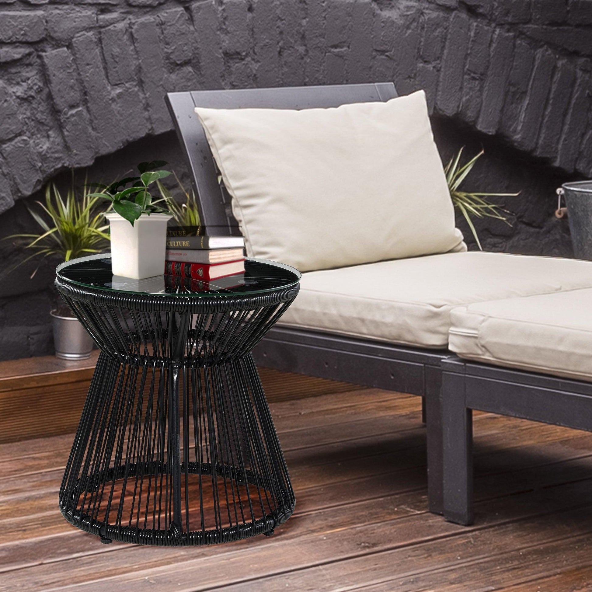 Outsunny Round End Table, Rattan Side Table, Hollow Drum Design Coffee Table w/ Glass Tabletop for Patio, Garden, Balcony Black - ALL4U RETAILER LTD